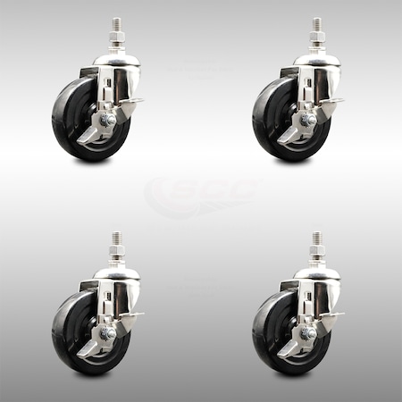 Service Caster 4 Inch 316SS Soft Rubber Wheel Swivel 10mm Threaded Stem Caster Set Brake SCC-SS316TS20S414-SRS-TLB-M1015-4